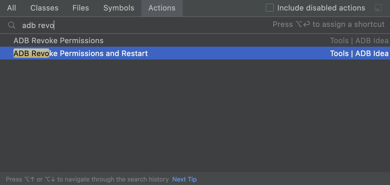 The actions dialog in Android Studio with the adb permission related actions visible